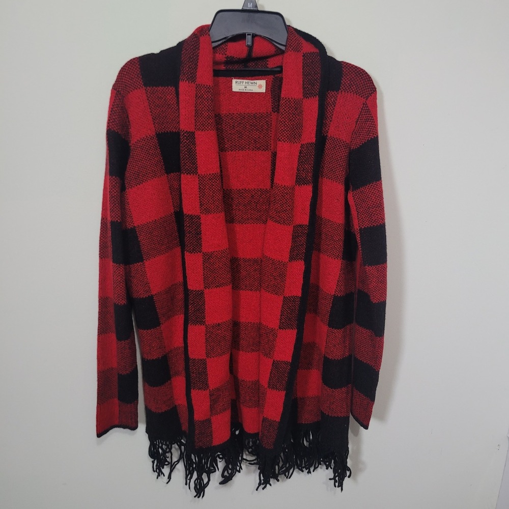 Ruff Hewn Size M Cardigan Sweater Womens Red Black Buffalo Plaid Fringe Hem